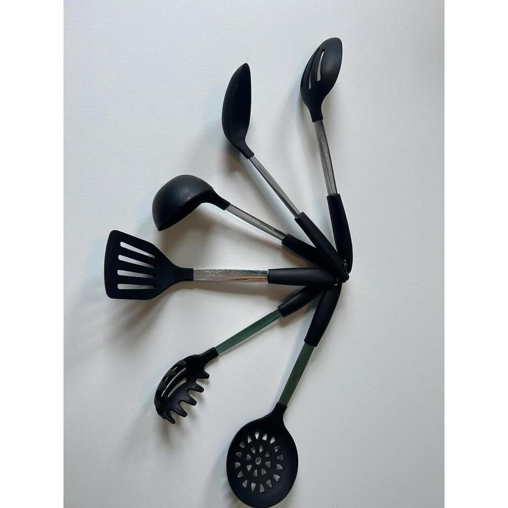 6 piece set of black silicone kitchen utensils with stainless steel handles